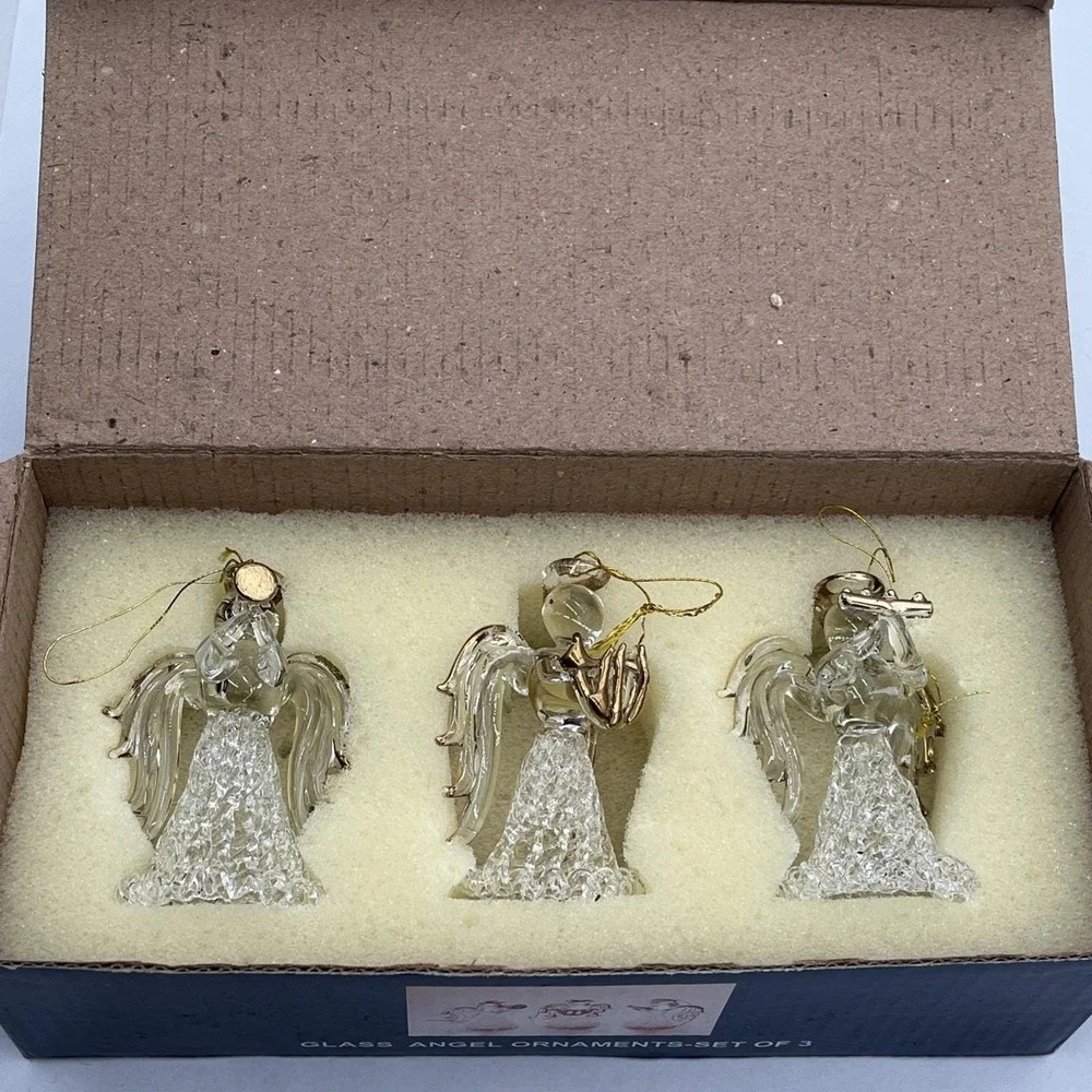 New in Box VTG Hand Blown Spun Glass Angel Christmas Ornaments Gold Trim